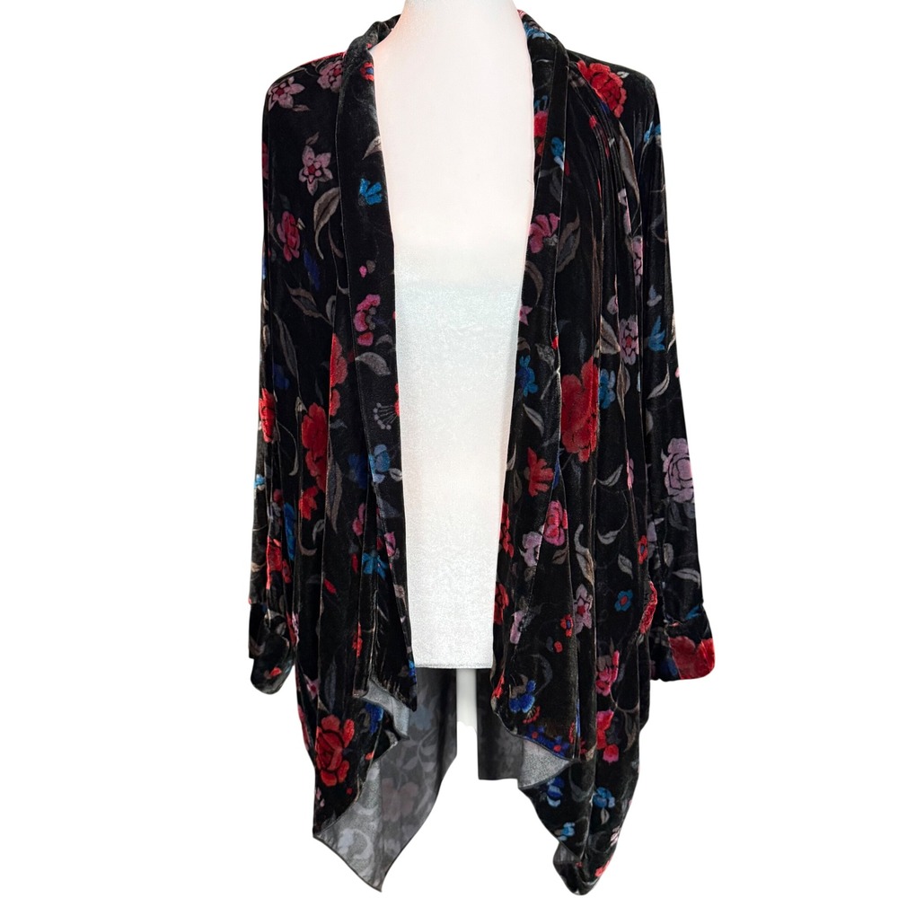 Johnny Was Black Silk‎ Blend Floral Velvet Open Front Kimono Cardigan Wrap Small